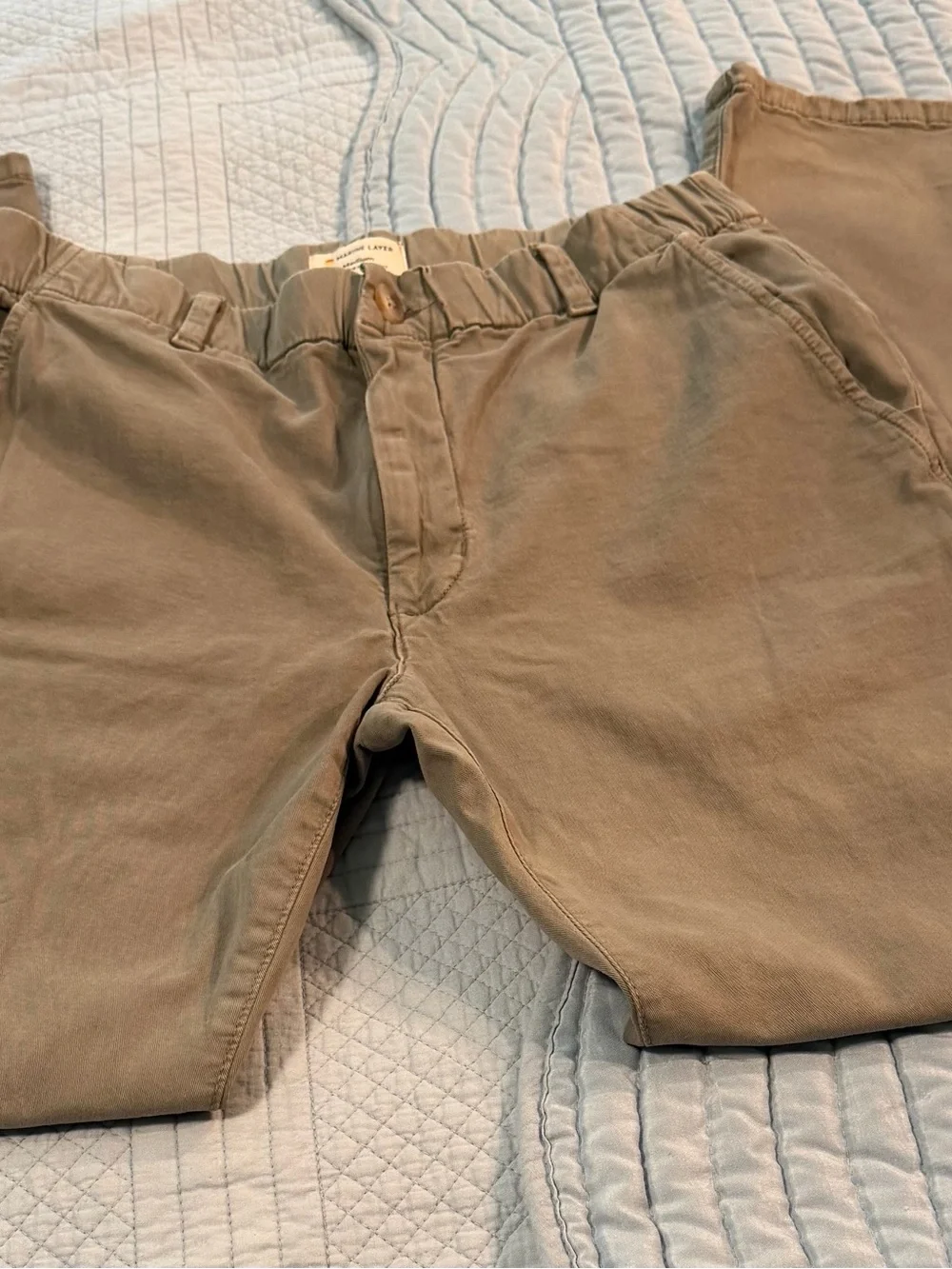 Marine Layer Slim Straight Pants Medium Tan Elastic Waist Chino Travel Pants